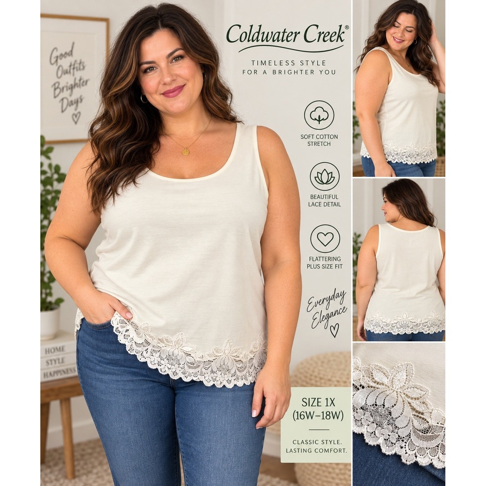 Coldwater Creek Ivory Lace Trim Tank Top Plus Size 1X Cotton Blend Scoop Neck